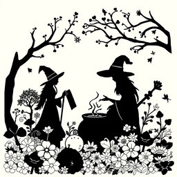 A black and white coloring book page design that showcases pagan themes and earth elements in a magical, mystical, and whimsical setting