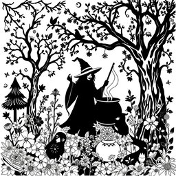 A black and white coloring book page design that showcases pagan themes and earth elements in a magical, mystical, and whimsical setting