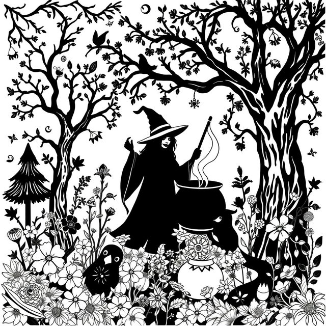 A black and white coloring book page design that showcases pagan themes and earth elements in a magical, mystical, and whimsical setting