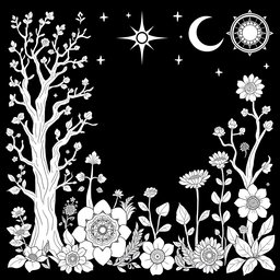 A coloring book page design in black and white that emphasizes pagan themes, earth elements, and a magical, mystical ambiance filled with whimsy