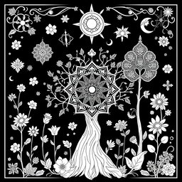 A coloring book page design in black and white that emphasizes pagan themes, earth elements, and a magical, mystical ambiance filled with whimsy