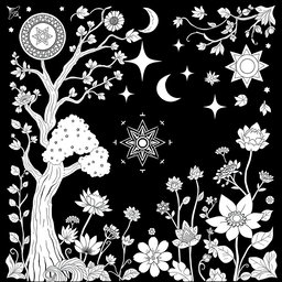 A coloring book page design in black and white that emphasizes pagan themes, earth elements, and a magical, mystical ambiance filled with whimsy