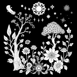 A coloring book page design in black and white that emphasizes pagan themes, earth elements, and a magical, mystical ambiance filled with whimsy