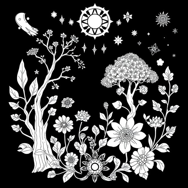A coloring book page design in black and white that emphasizes pagan themes, earth elements, and a magical, mystical ambiance filled with whimsy