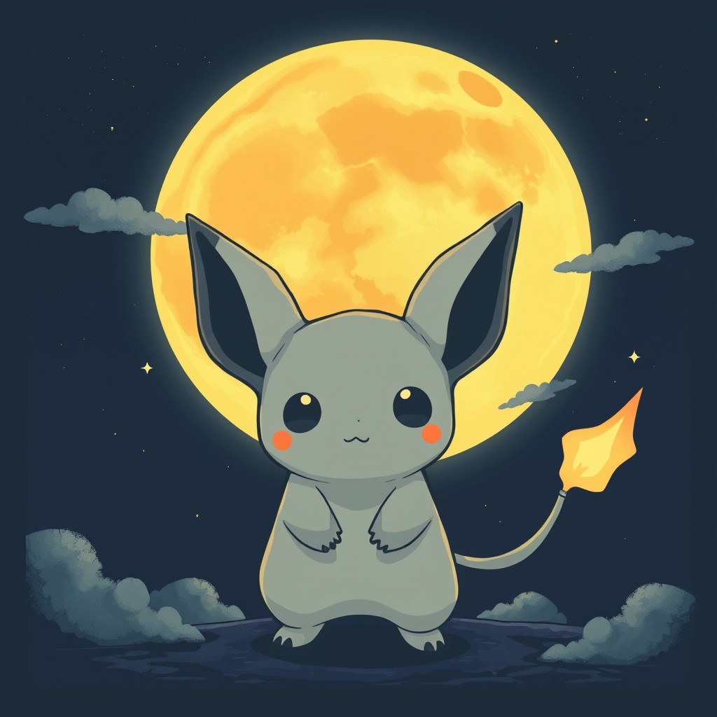 A retro/vintage style illustration of Mimikyu, centered and highlighted prominently, under a dramatic and oversized moon in the background for the Japanese version (ミミッキュ)