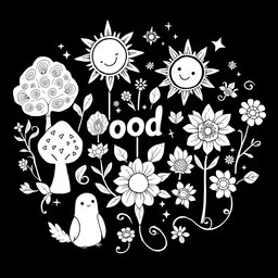 A black and white coloring book page designed to evoke positive energy and good vibes, integrating pagan themes and earth elements with a magical, mystical essence
