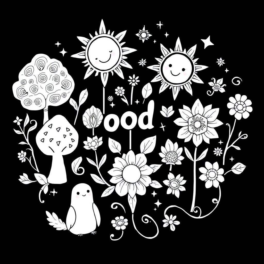 A black and white coloring book page designed to evoke positive energy and good vibes, integrating pagan themes and earth elements with a magical, mystical essence