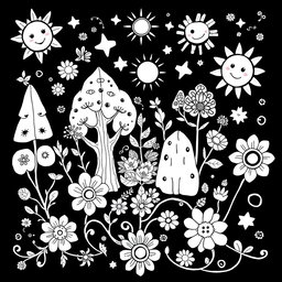 A black and white coloring book page designed to evoke positive energy and good vibes, integrating pagan themes and earth elements with a magical, mystical essence