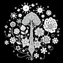 A black and white coloring book page designed to evoke positive energy and good vibes, integrating pagan themes and earth elements with a magical, mystical essence