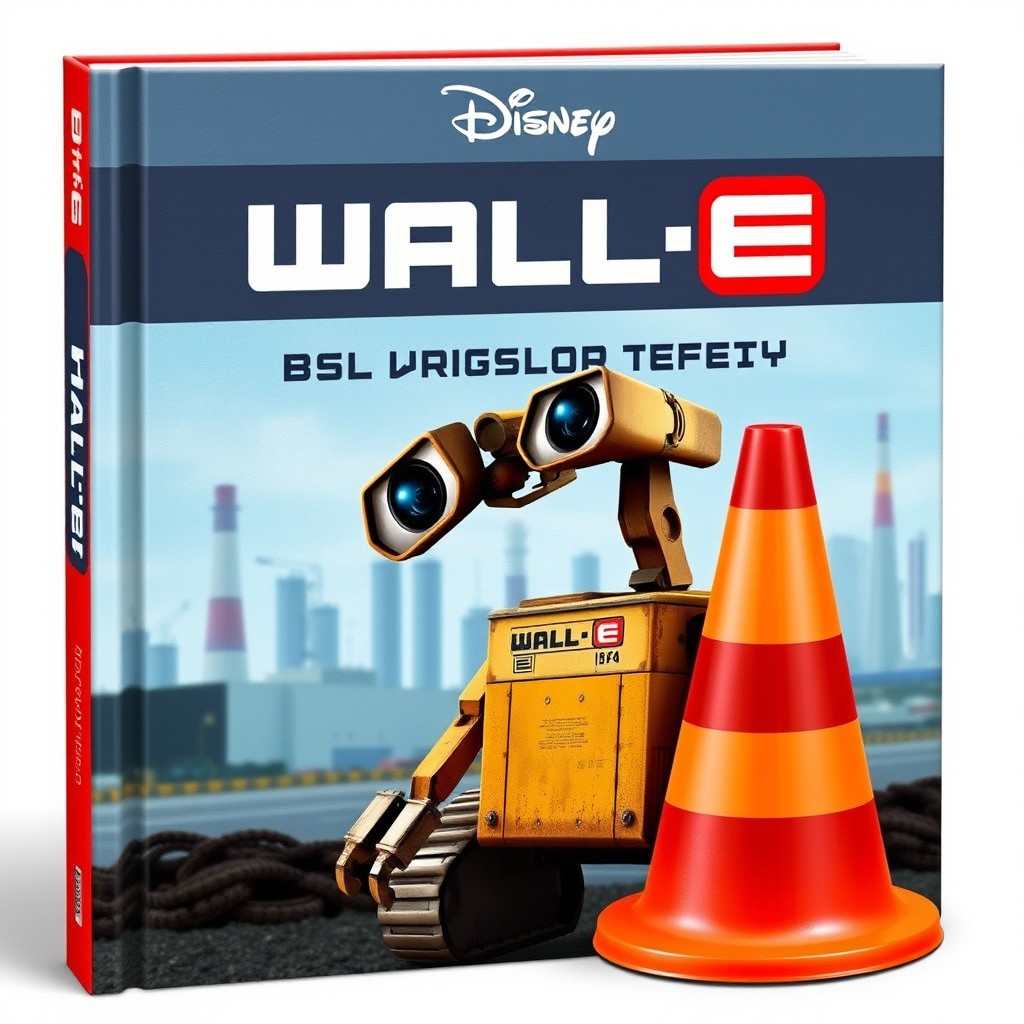 Create a book cover featuring Wall-E from Disney alongside a safety cone