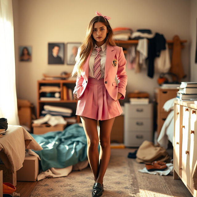 A gorgeous 18-year-old Arabic woman with a stunning thin and skinny physique, showcasing large breasts, a tiny waist, and very wide hips that create a captivating silhouette