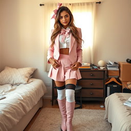 A gorgeous 18-year-old Arabic woman with a captivating thin and skinny physique, characterized by large breasts, a tiny waist, and very wide hips that accentuate her alluring silhouette