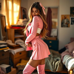 A breathtaking 18-year-old Arabic woman with a stunning thin and skinny figure, showcasing large breasts, a tiny waist, and very wide hips that accentuate her alluring silhouette