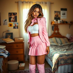 A breathtaking 18-year-old Arabic woman with a stunning thin and skinny figure, showcasing large breasts, a tiny waist, and very wide hips that accentuate her alluring silhouette