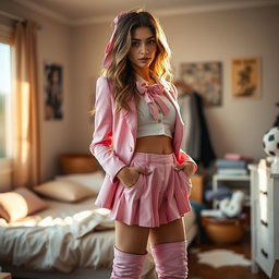 A breathtaking 18-year-old Arabic woman with an alluringly thin and skinny figure, displaying large breasts, a tiny waist, and very wide hips that enhance her beautiful silhouette