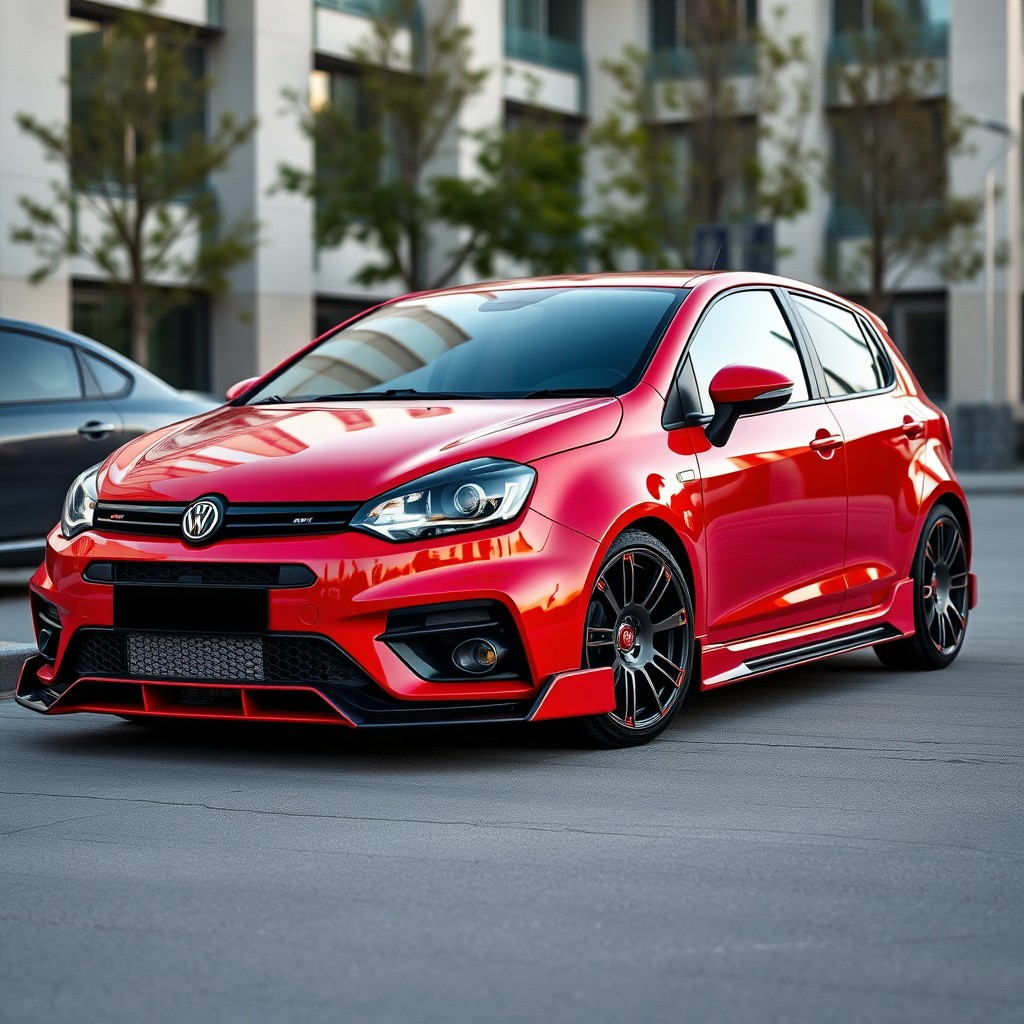 A modified Fiat Stilo featuring a vibrant red paint job