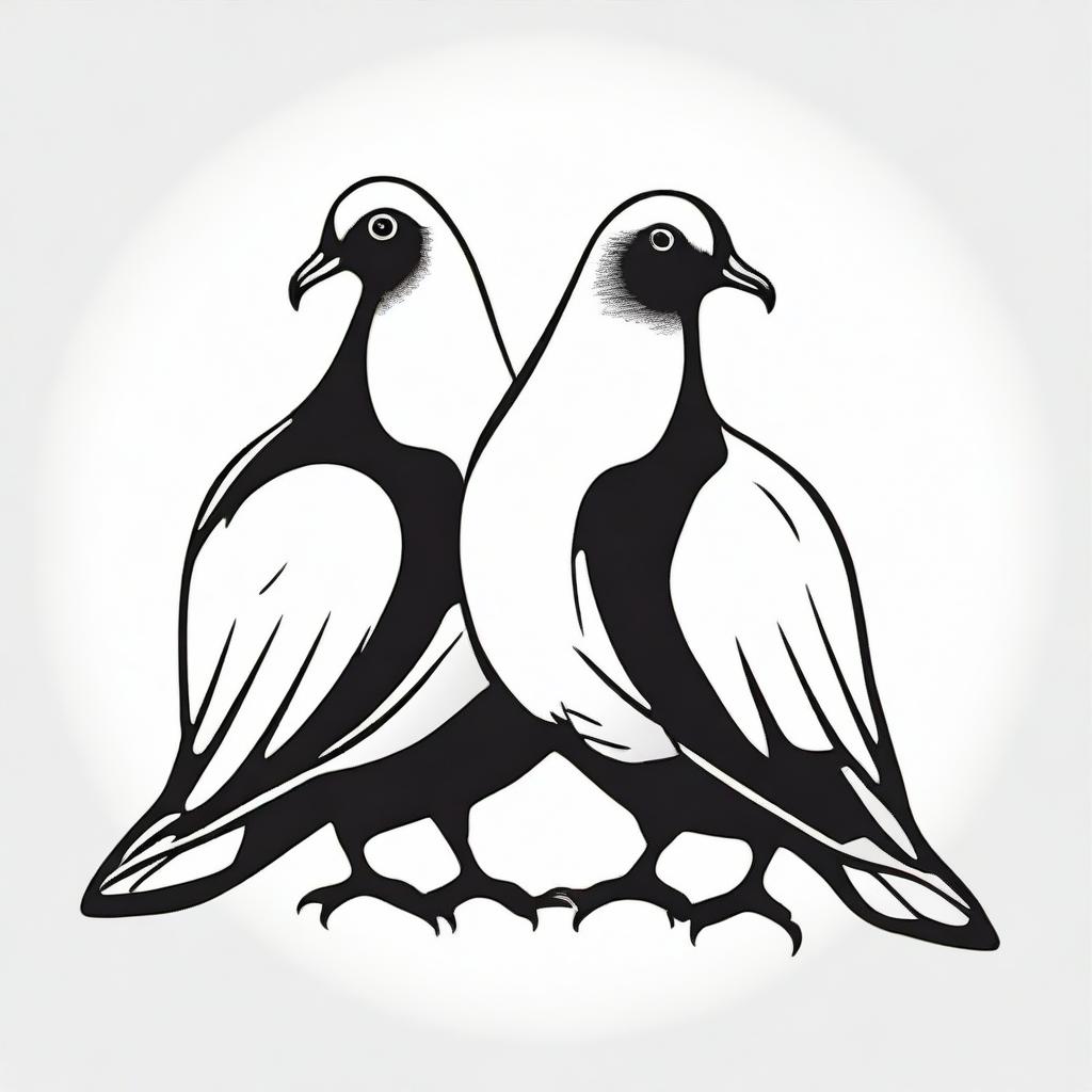 A two-headed pigeon in a simplistic, high contrast, vector style line art, illustrated in black and white.