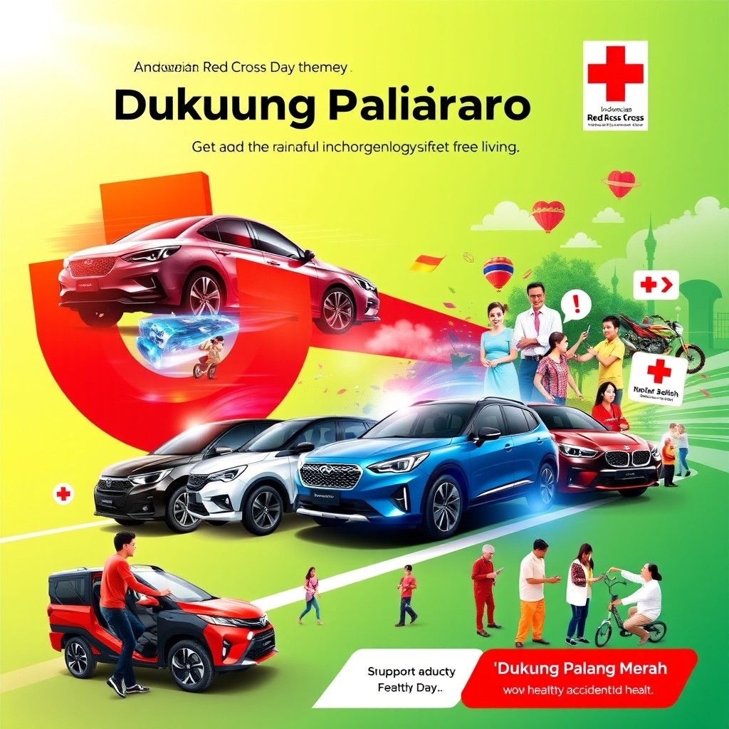 A vibrant and engaging poster design commemorating the Indonesian Red Cross Day, featuring a theme centered around advanced automotive technology and promoting healthy, accident-free living