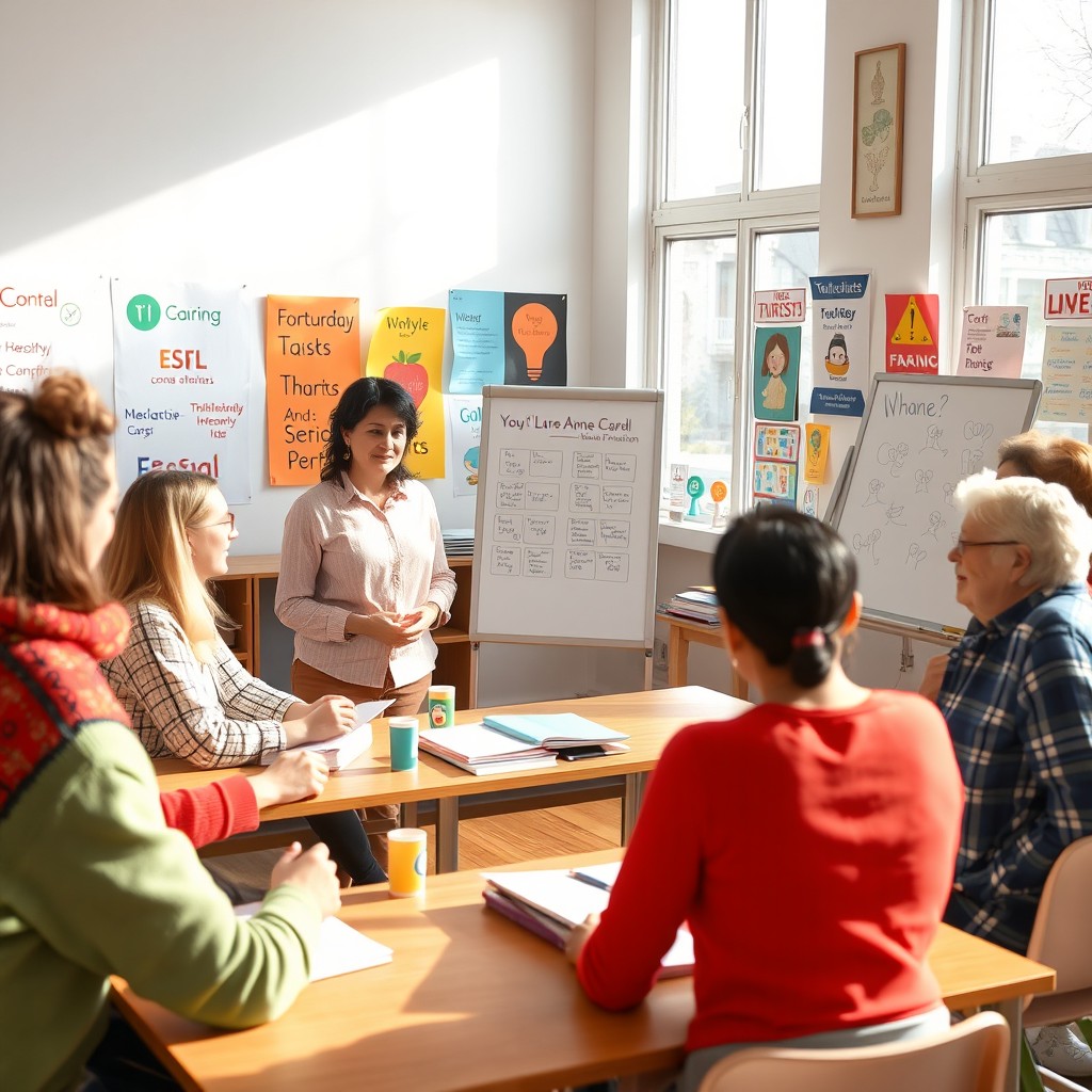 A vibrant classroom setting with an ESL English teacher leading a diverse group of adult students from various cultural backgrounds