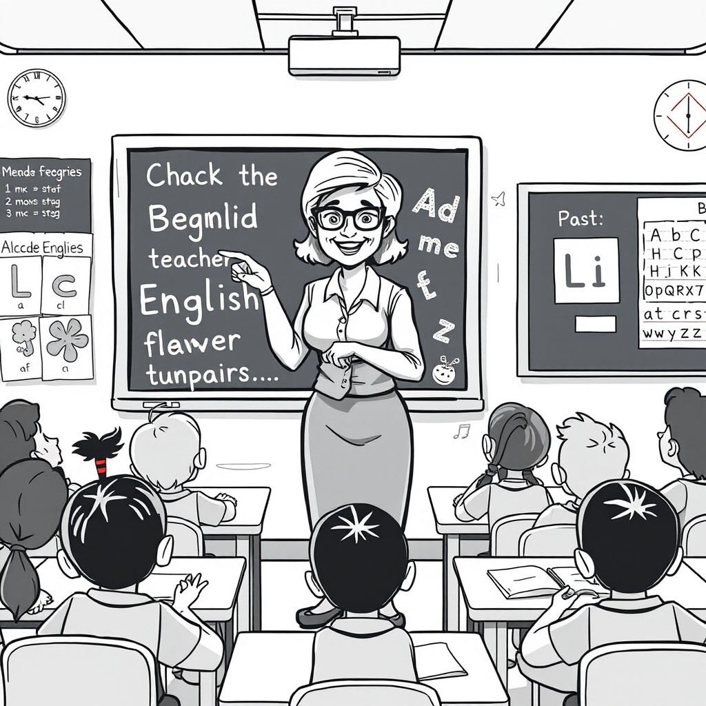 A black and white cartoon illustration of an enthusiastic primary English teacher standing in a classroom