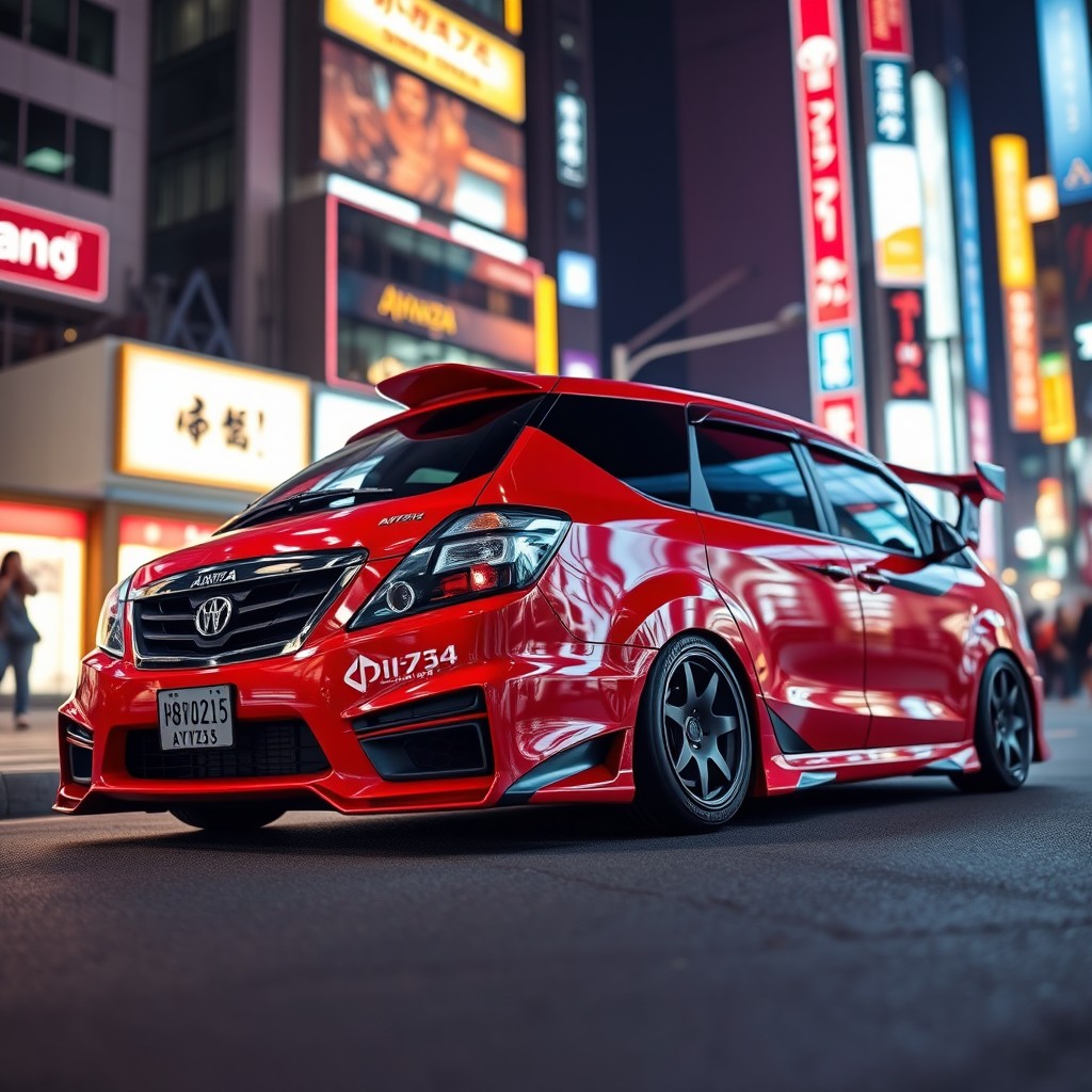 A sleek and sporty JDM (Japanese Domestic Market) Mobil Avanza, featuring an aggressive body kit and lowered suspension