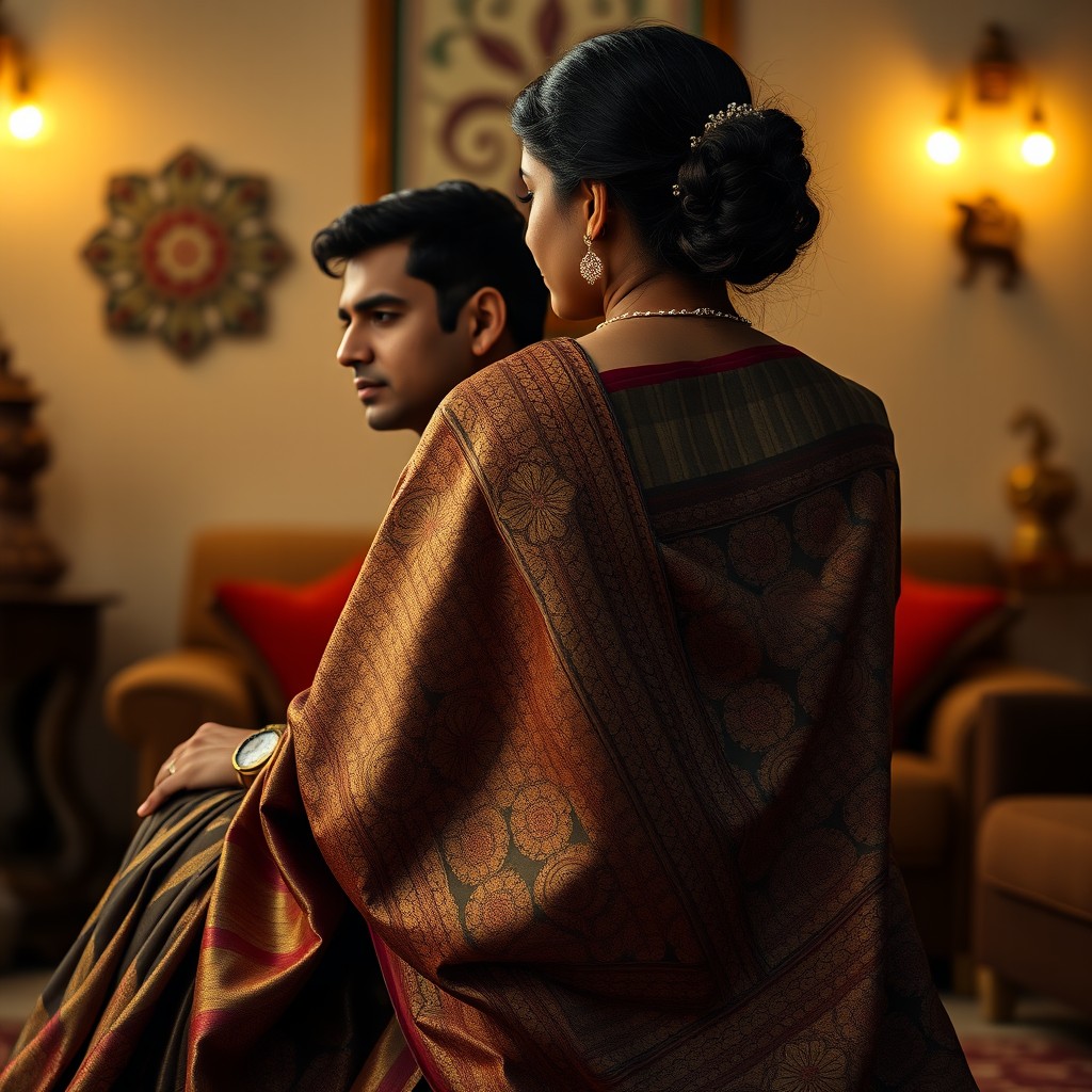 A scene showcasing a man sitting behind a woman draped in an elegant saree