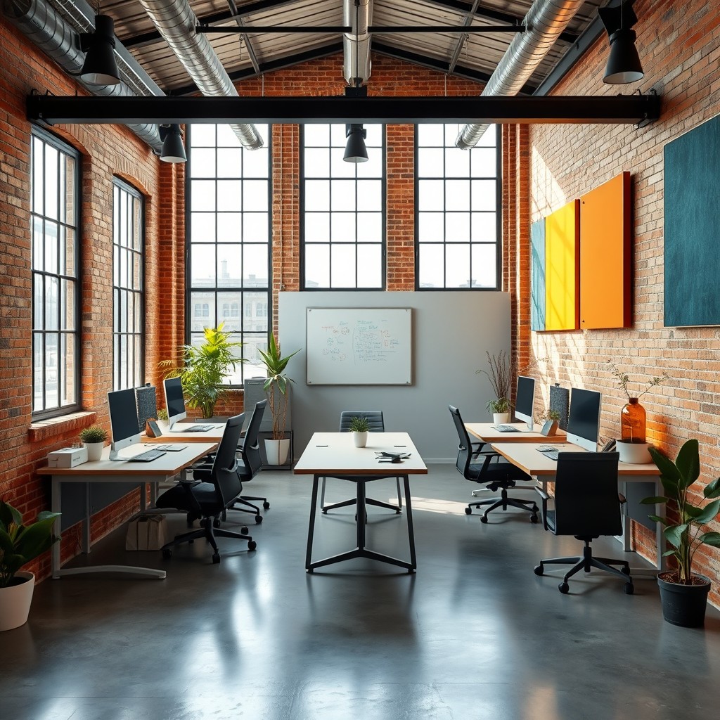 An innovative office space for three people situated within a 3x6 meter rectangle inside an industrial warehouse