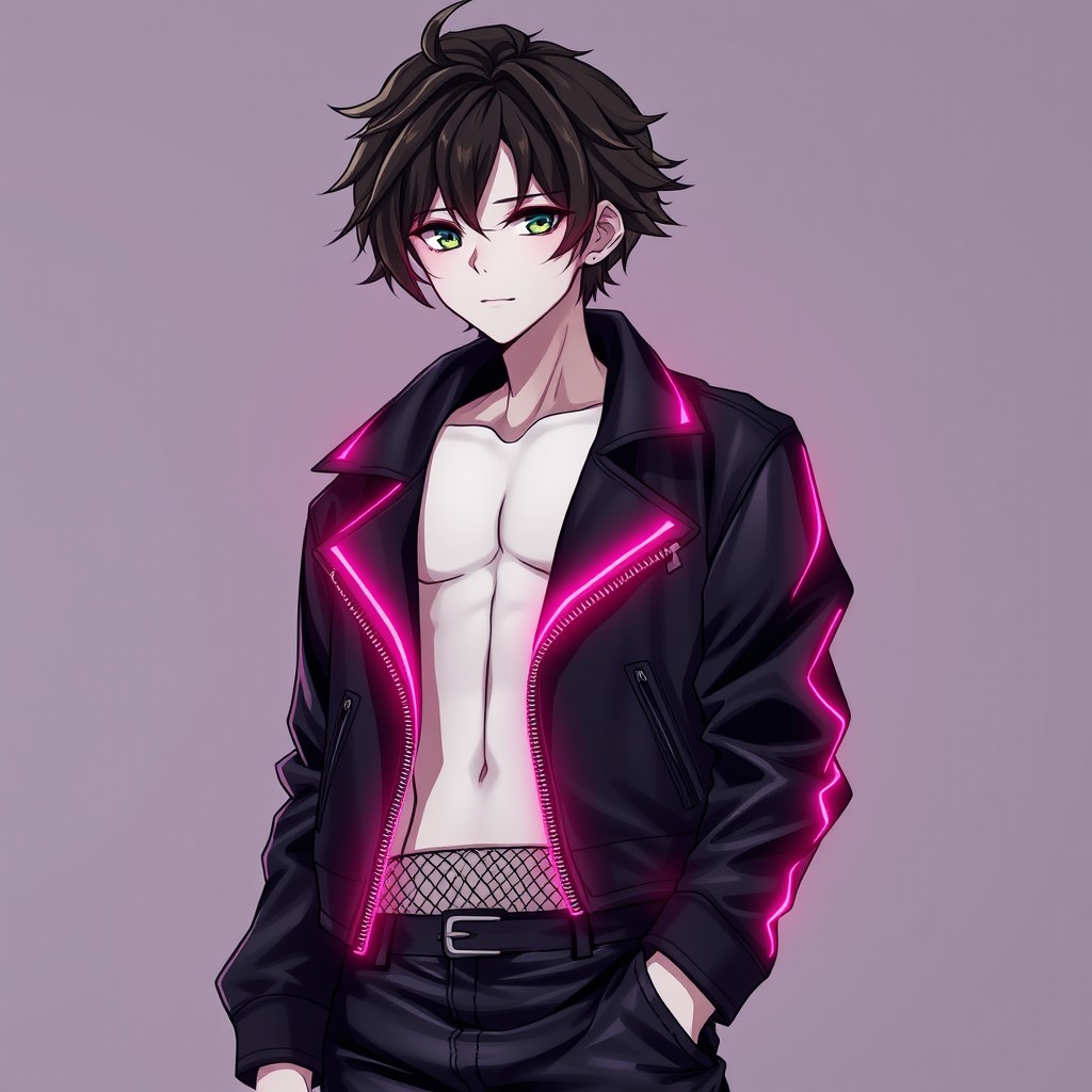 A full body portrait of a handsome anime guy with pale white skin and captivating grey-green eyes