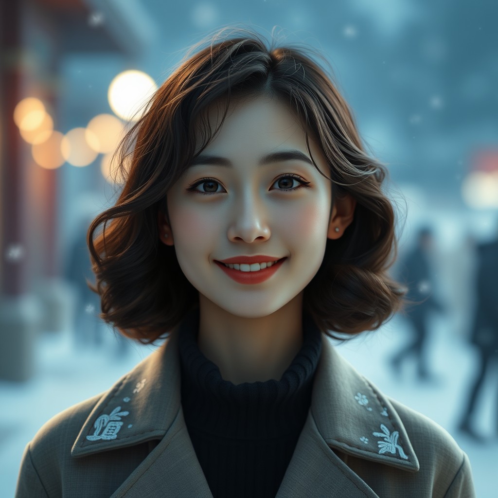 A 3D realistic style portrait of Lin Wanqing, a 24-year-old woman with an oval face and shoulder-length curly hair