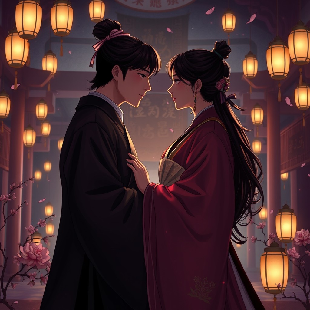 Digital drawing in Ibis Paint style, depicting a historical BL book cover set in the Joseon era