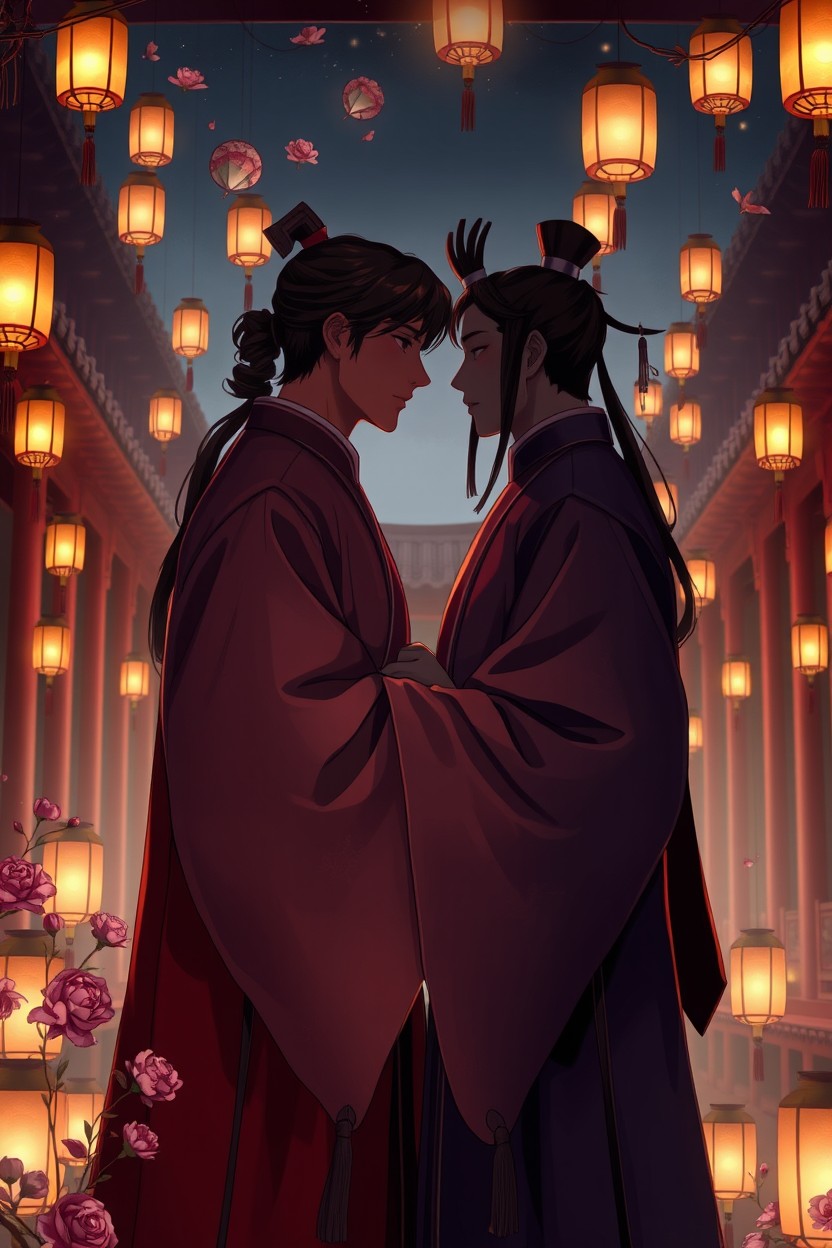Digital drawing in Ibis Paint style, illustrating a historical BL book cover set in the Joseon era