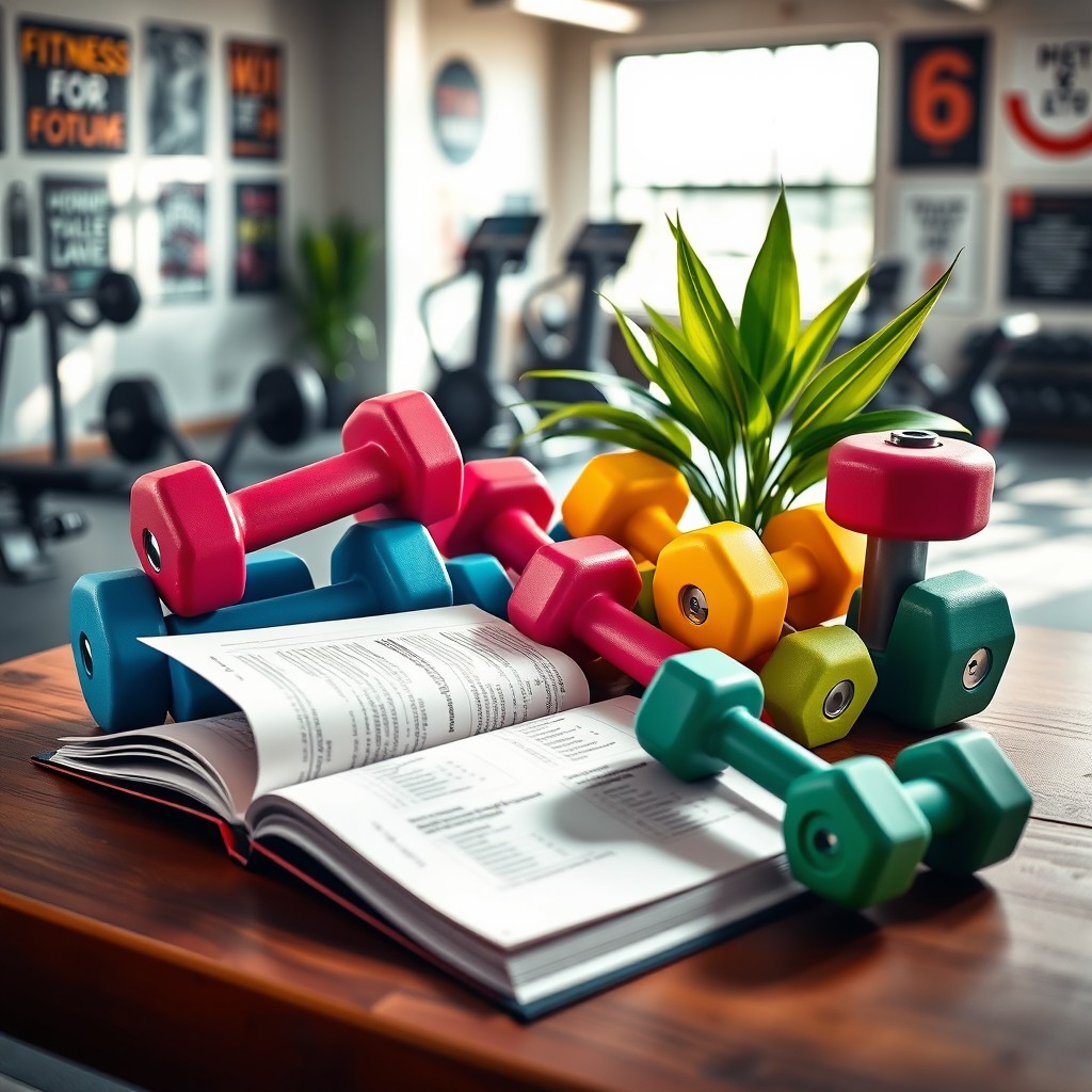 A collection of colorful dumbbells arranged artistically on a wooden table, with an open fitness book featuring workout routines beside them