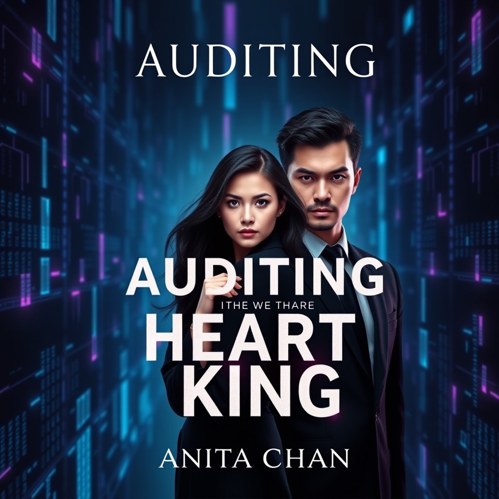 A cinematic book cover for 'Auditing the Heart of a King' by Anita Chan, featuring a strong, intelligent woman with long dark hair and a determined expression standing protectively in front of a handsome, powerful man in a sharp suit