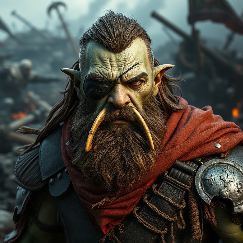 A rugged veteran male demi-orc with an eye patch, displaying a strong and experienced demeanor