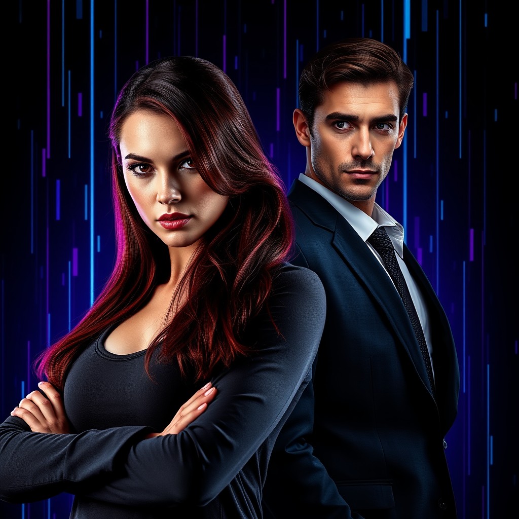 A strong, intelligent woman with long dark-red hair, possessing a determined expression, stands protectively in front of a handsome, powerful man dressed in a sharp suit