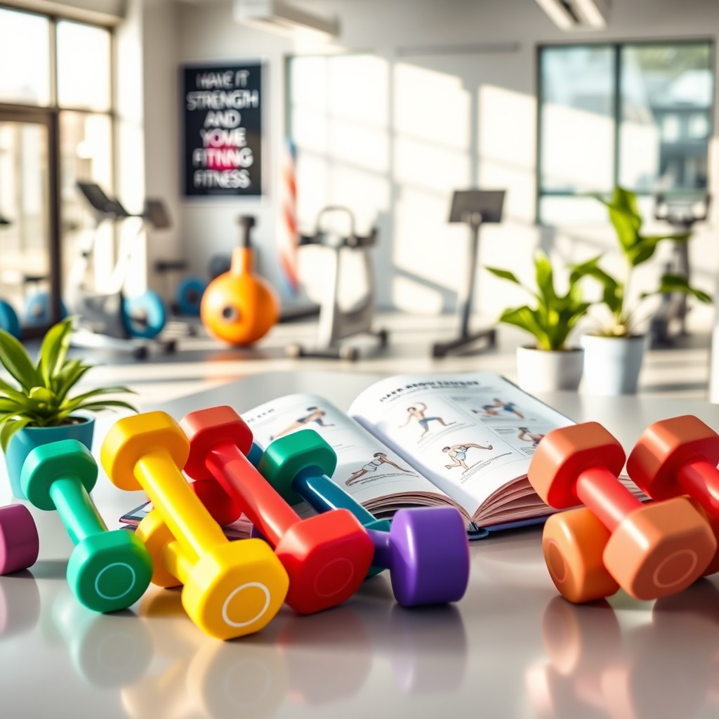 An inspiring fitness scene featuring an array of colorful dumbbells placed on a sleek, modern table next to a motivational fitness book opened to a page with exercise illustrations