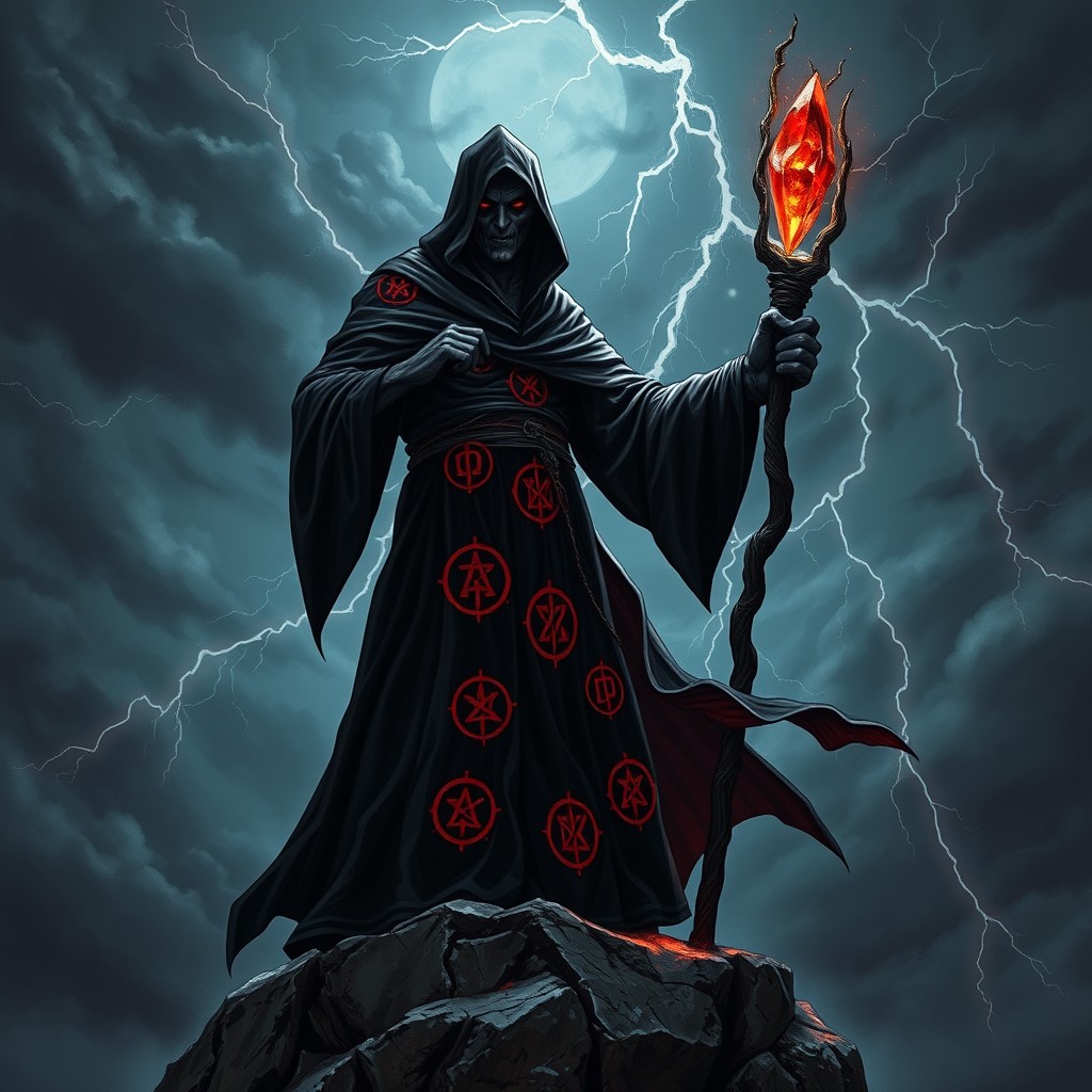 A dark and sinister evil sorcerer with a long flowing black robe adorned with crimson symbols, standing atop a rocky cliff