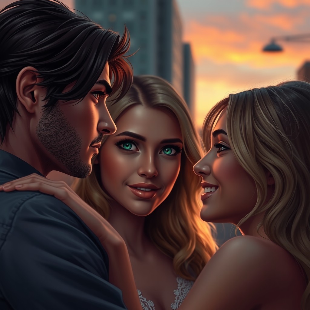 A dramatic portrayal of love obsession and a love triangle, featuring three characters entwined in an emotional scene