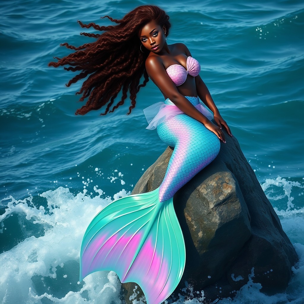 A beautiful mermaid with long, curly mahogany hair and dark skin, showcasing a stunning tail in iridescent mint green accented with bright touches of violet and pink