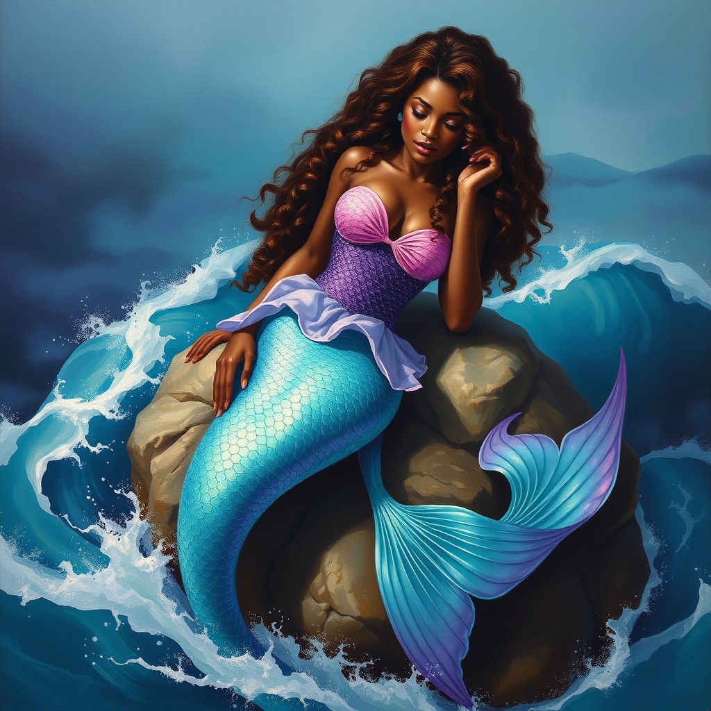 An oil painting of a beautiful mermaid with long, curly mahogany hair and dark skin, featuring a stunning tail in iridescent mint green embellished with bright touches of violet and pink