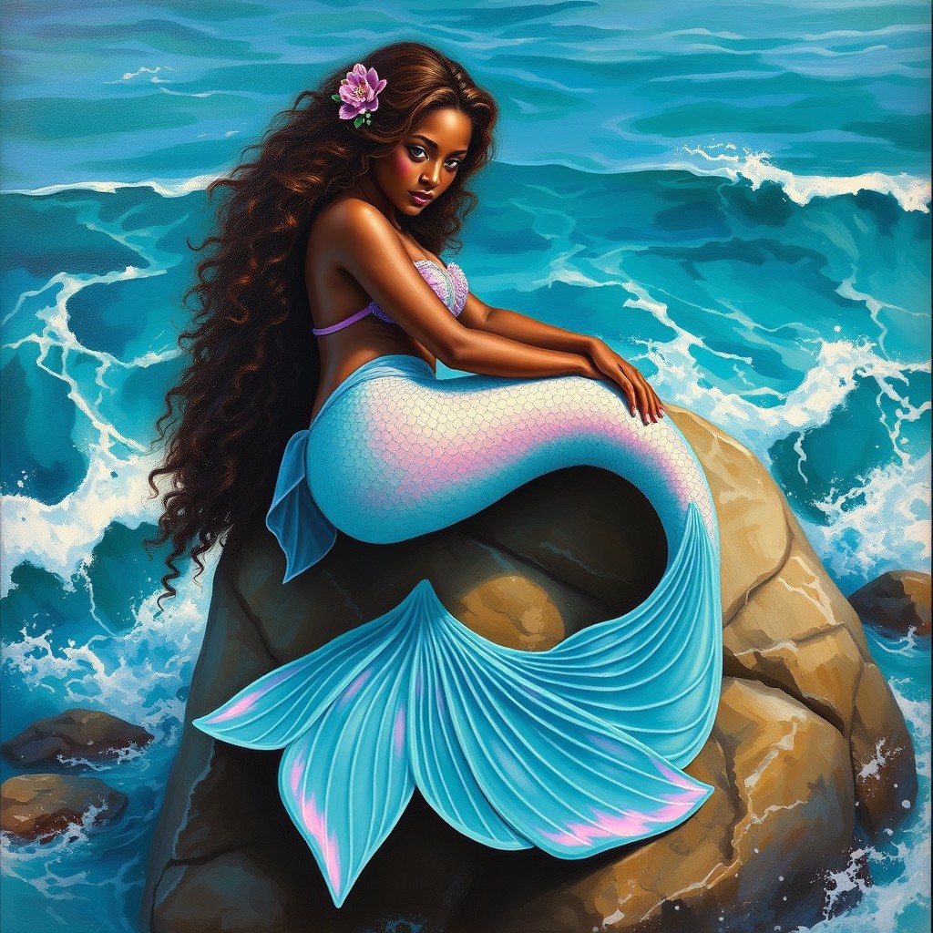 An oil painting of a beautiful mermaid with long, curly mahogany hair and dark skin, featuring a stunning tail in iridescent mint green highlighted with bright touches of violet and pink