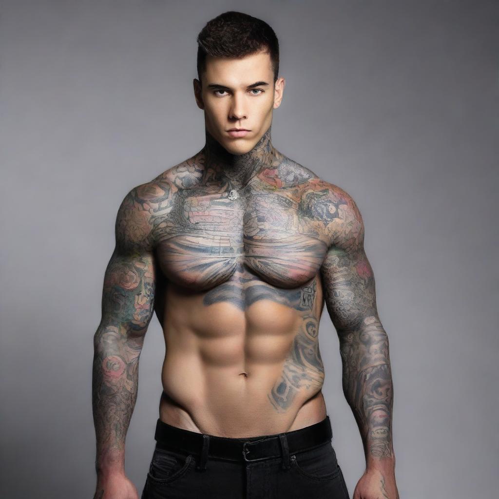 An image of a muscular young man showcasing his intricate tattoos