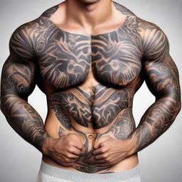 An image of a muscular young man showcasing his intricate tattoos