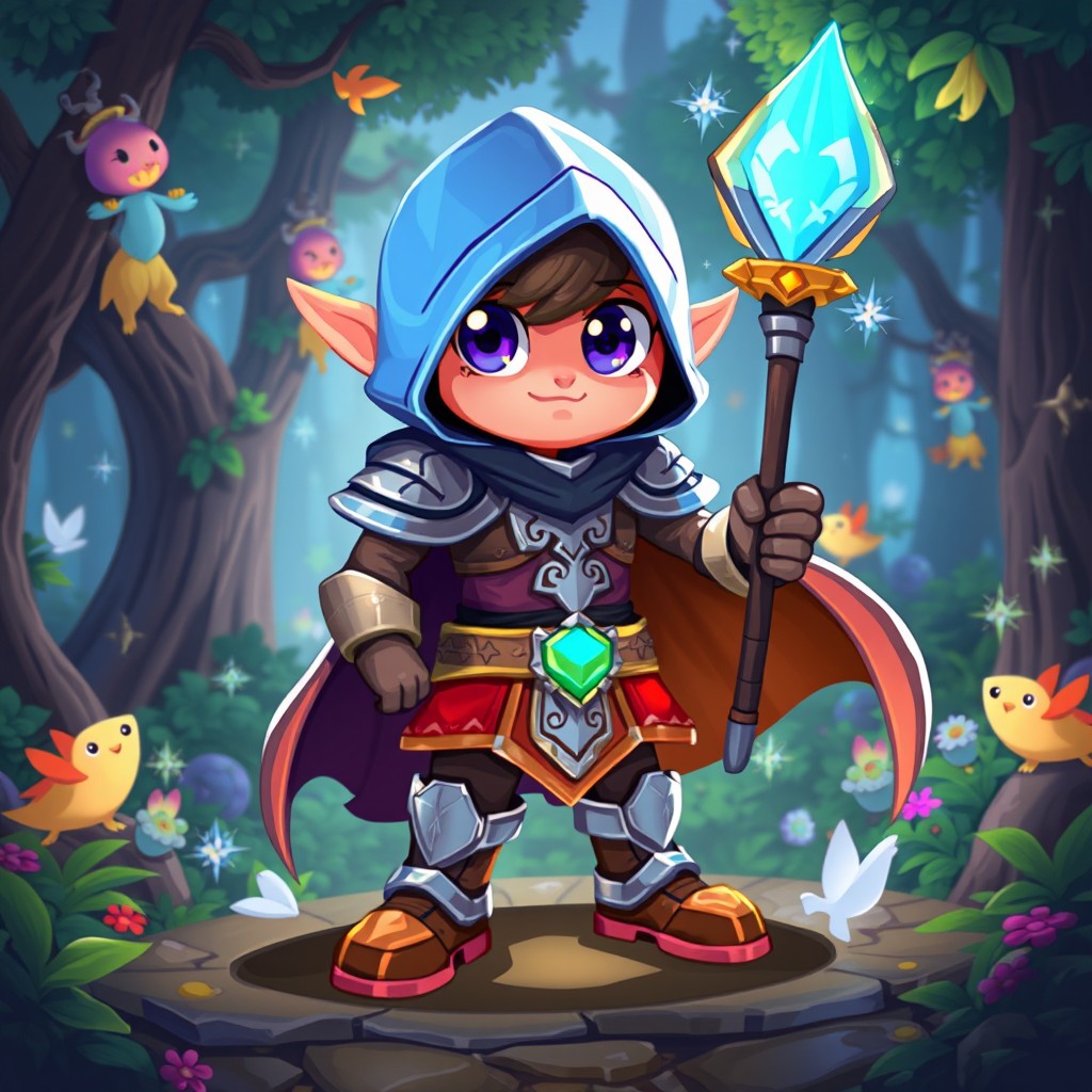 A vibrant, colorful 2D pixel art sprite character, designed for a fantasy adventure game