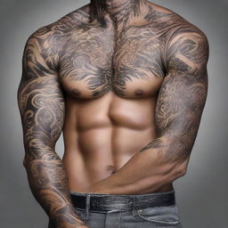 An image of a muscular young man showcasing his intricate tattoos