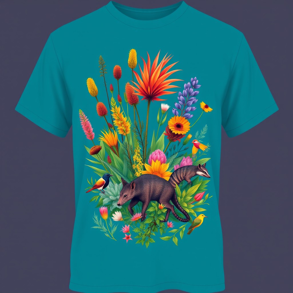 A contemporary t-shirt design in a rich petrol blue color reminiscent of the ocean, featuring a vibrant illustration of diverse vegetation and animals native to the Cerrado biome
