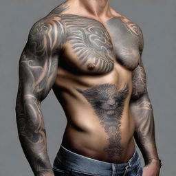 An image of a muscular young man showcasing his intricate tattoos