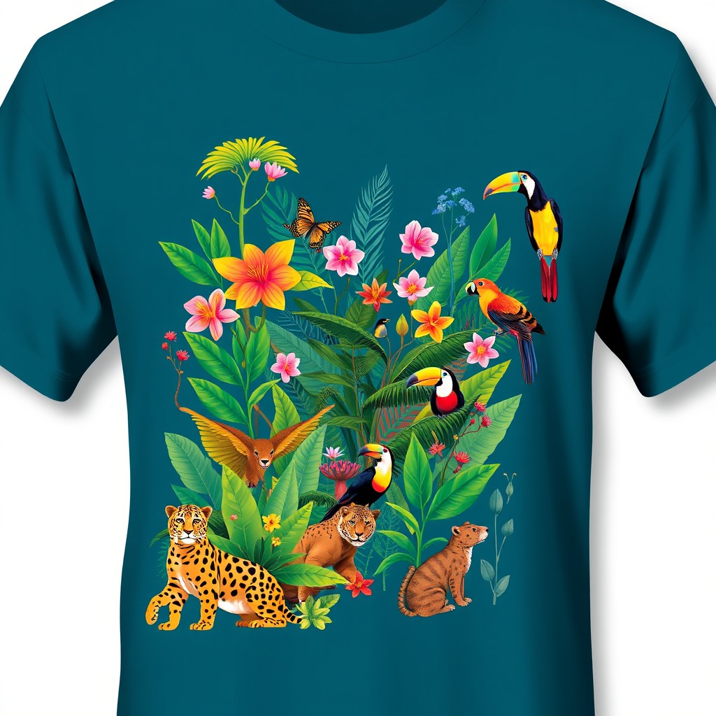 A contemporary t-shirt design in a rich petrol blue color, featuring a vibrant and artistic illustration of diverse vegetation and animals from various Brazilian biomes, including the Amazon rainforest, the Atlantic Forest, the Cerrado, and the Pantanal