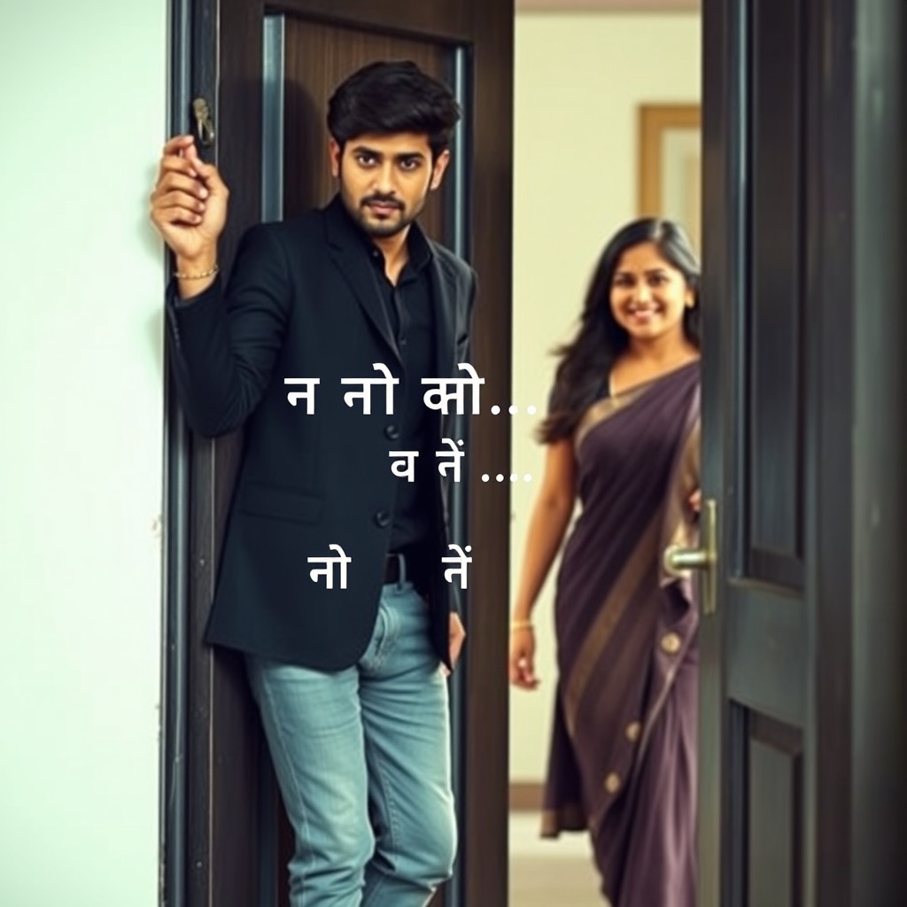 A cinematic scene featuring a young man standing just inside a half-open door, holding the door with his stylish face and cool demeanor prominently visible