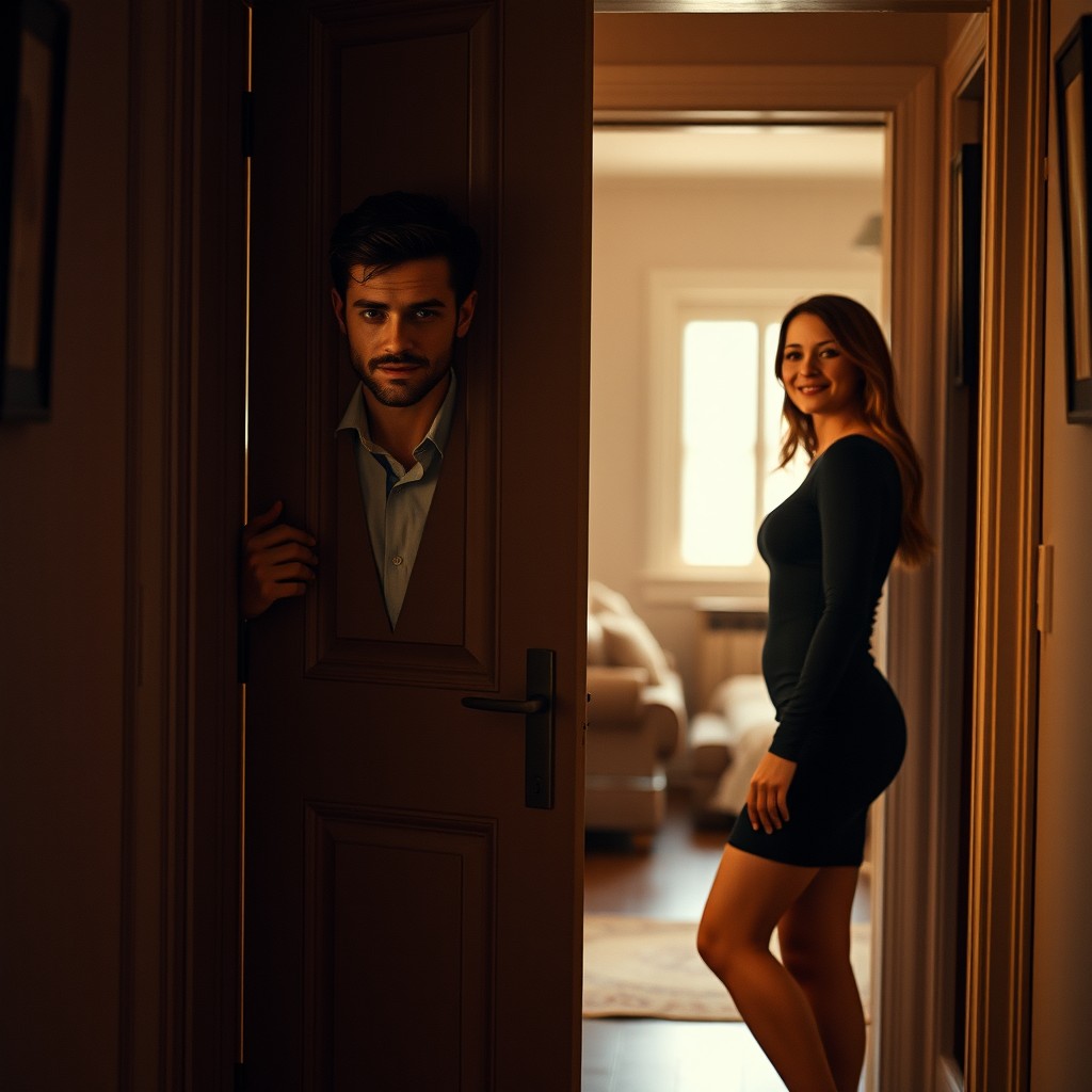 A realistic cinematic scene inside a home featuring a handsome young man standing just behind a half-open door, gently holding it from the inside with a stylish face visible, displaying a slight smile and a cool, confident expression